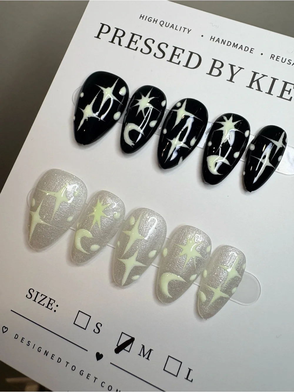 Glow-in-the-Dark Star & Moon Press-On Nail Set — Black & Silver